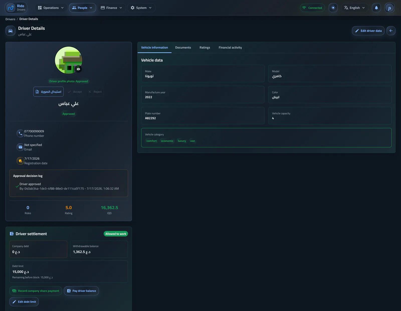 Driver and vehicle profile