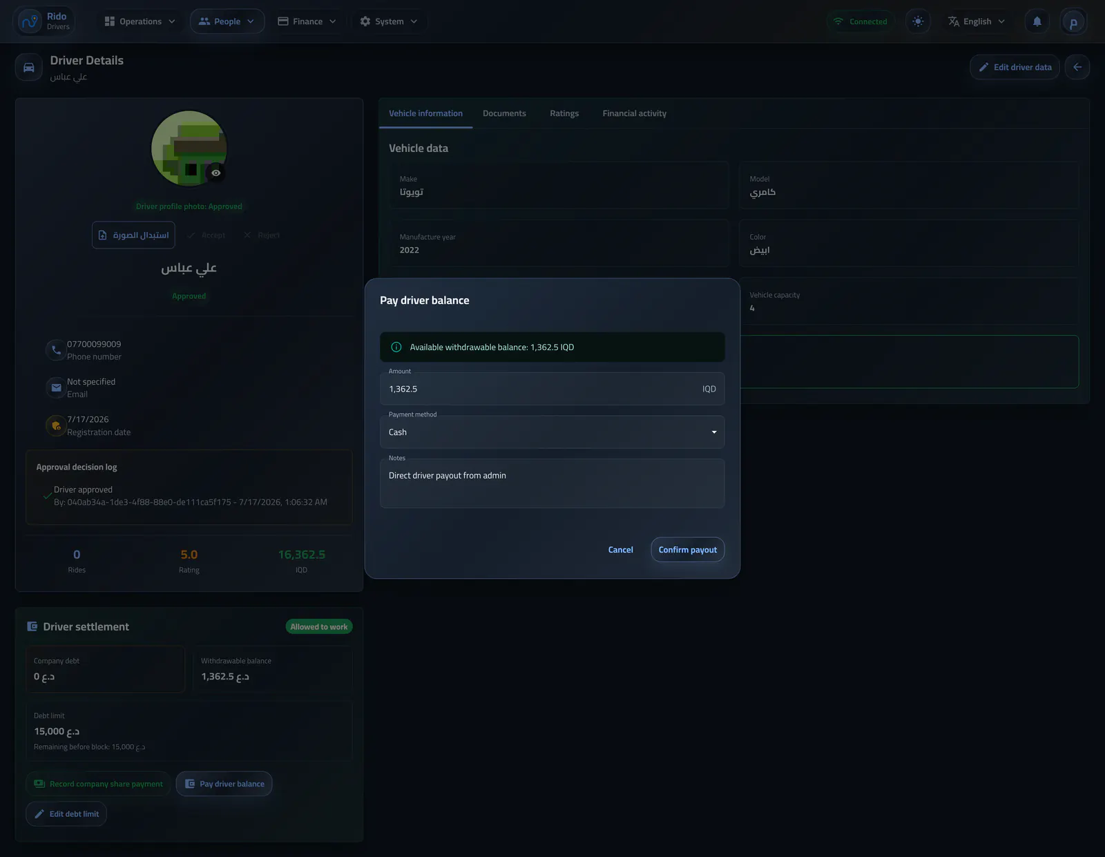 Pay driver withdrawable balance