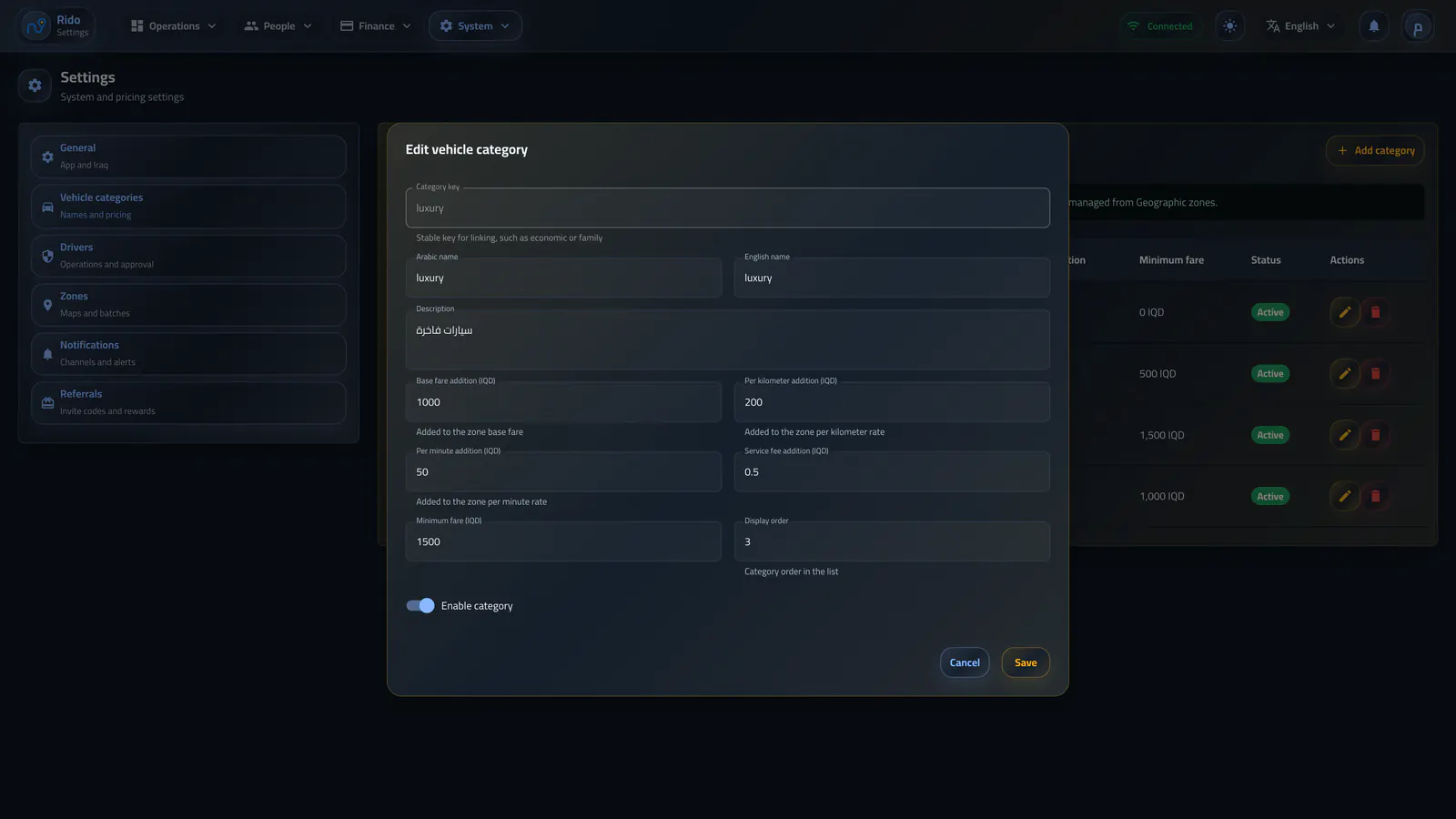 Edit vehicle-category pricing