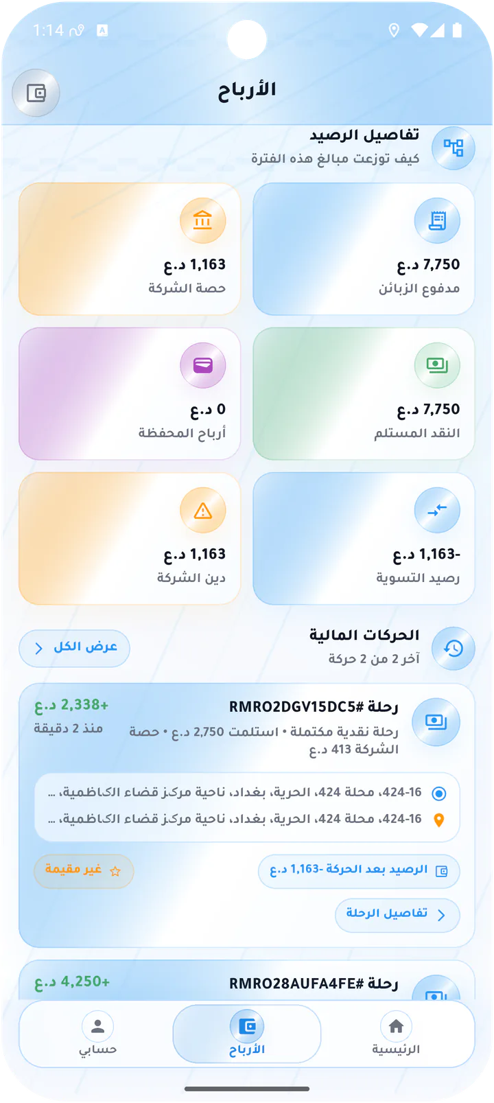 تفاصيل الرصيد والحركات المالية
